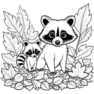 Zwei neugierige Waschbär-Babys im Blättergarten Ausmalmotiv für kleine Naturforscher