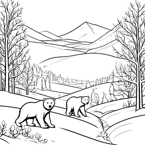 Zwei abenteuerlustige Eisbären in schneebedeckter Landschaft Ausmalbild für kleine Entdecker mit großen Träumen