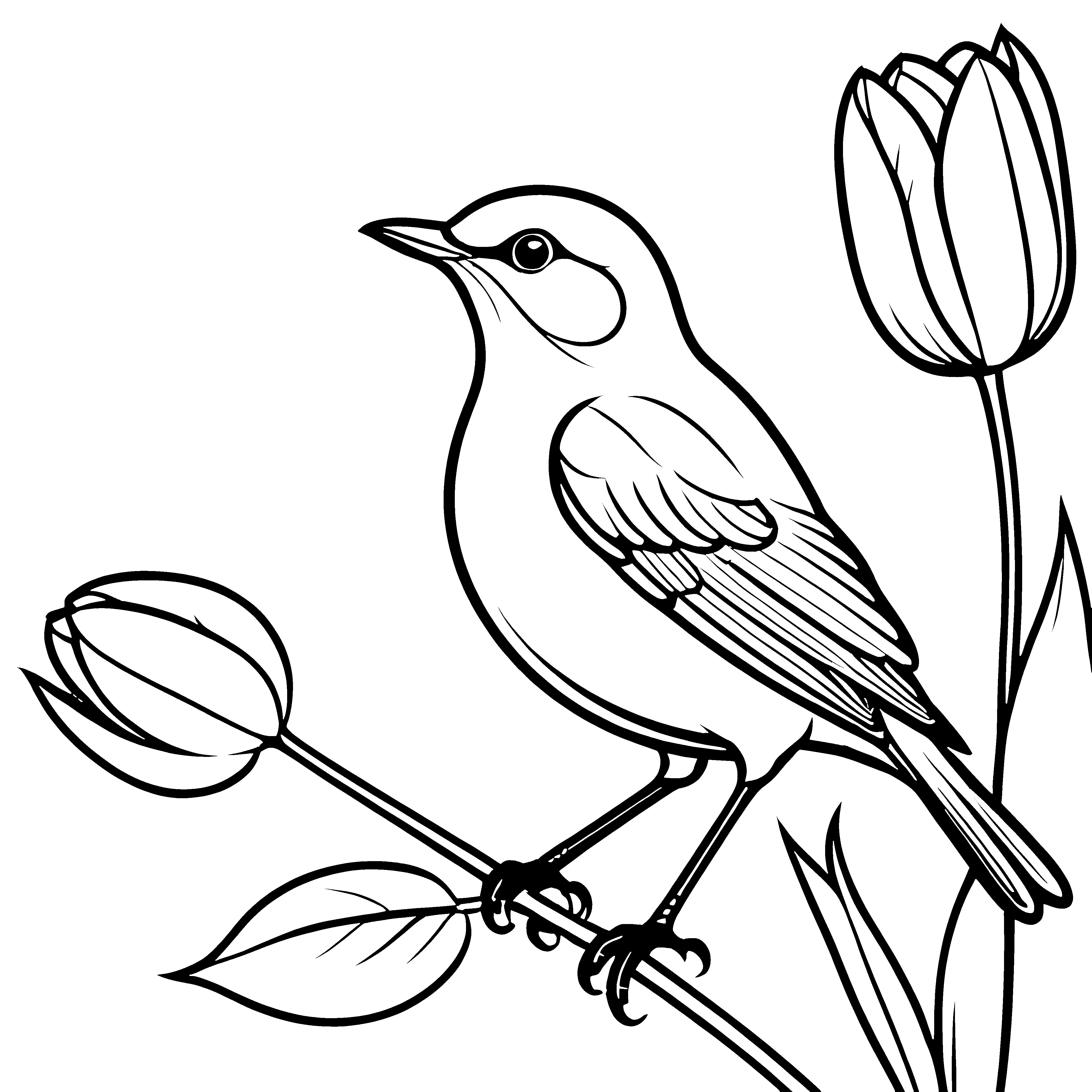 Harmonischer Vogel auf Blütenzweig mit filigranen Blättern Malvorlage für kleine Inspirationssucher