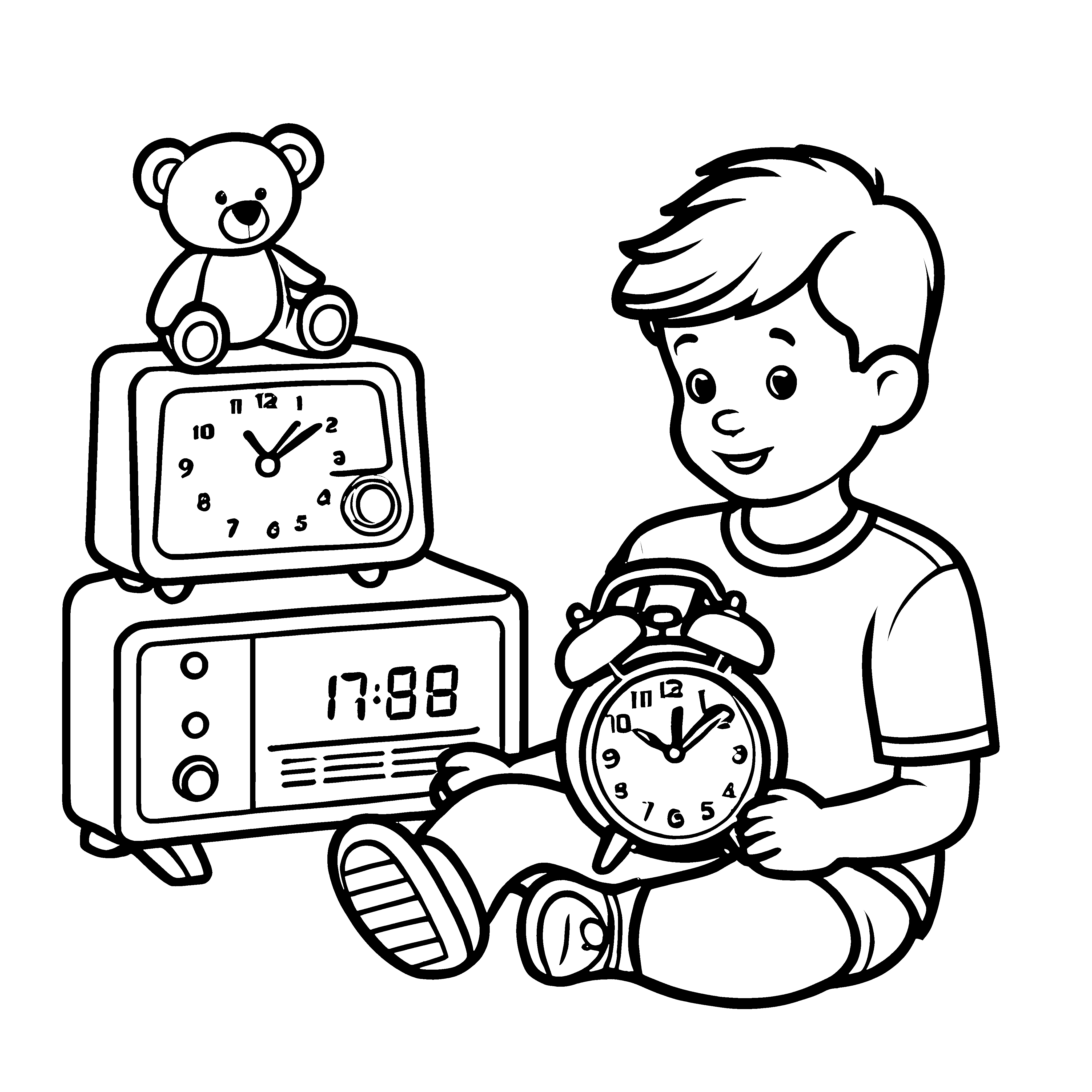Kreativer Radiowecker mit fröhlichem Kind und Teddybär Ausmalbild für abenteuerlustige Traumfänger