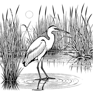 Majestätischer Reiher im Schilf am Wasser Ausmalmotiv für abenteuerliche Naturforscher