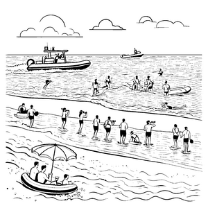 Fesselnder Bademeister mit fröhlichen Schwimmern am Strand Ausmalvorlage für kleine Wasserratten
