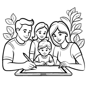 Kreative Familie mit Tablet und Malutensilien Ausmalmotiv für abenteuerlustige Nachwuchskünstler