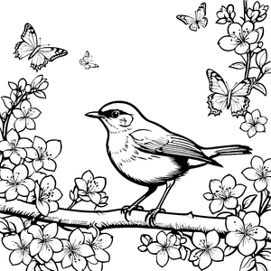 Bunter Vogel auf Ast umgeben von Blumen und Schmetterlingen Ausmalmotiv für kleine Entdecker mit Fantasie