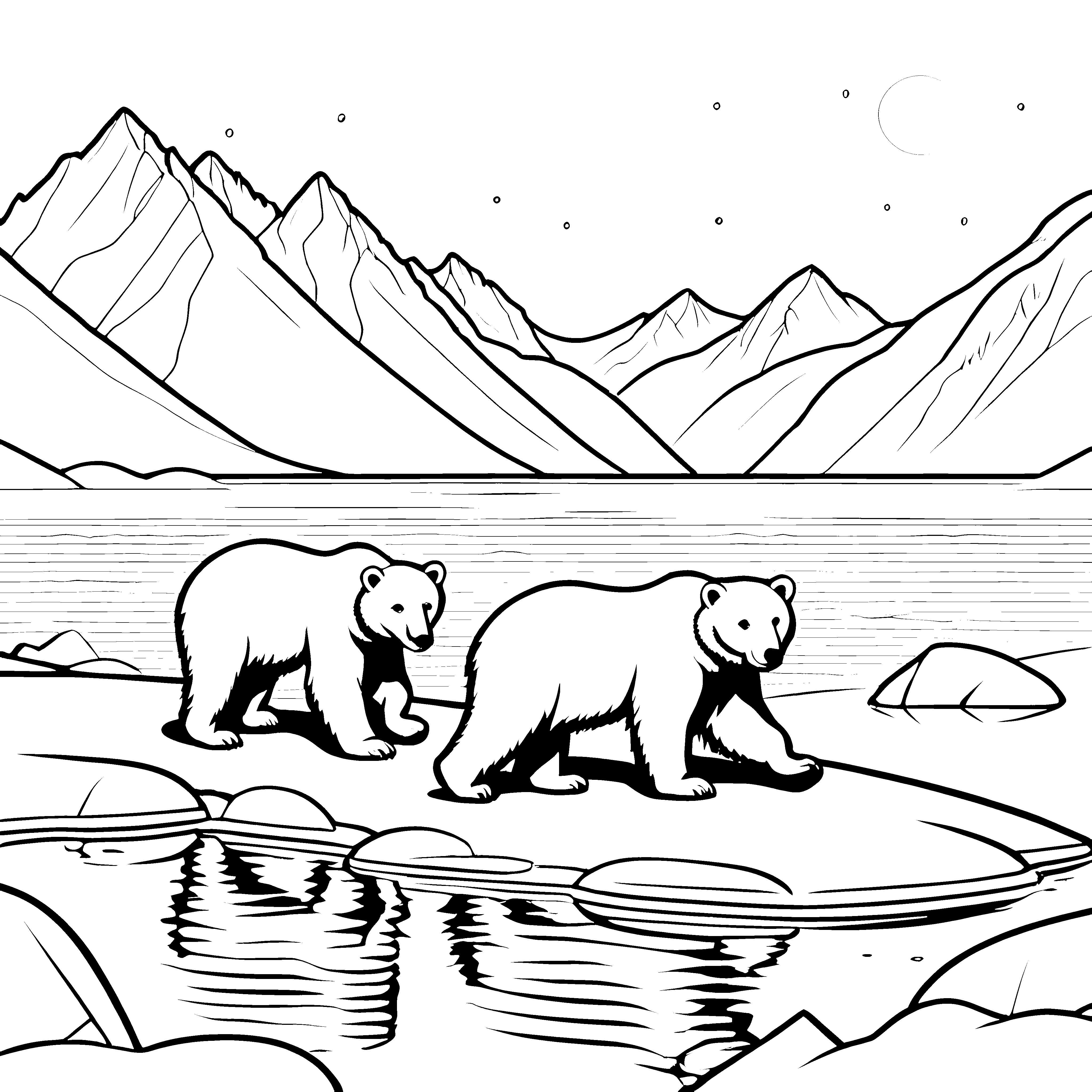 Zwei Eisbären am glitzernden Wasserlauf Malvorlage für kleine Entdecker mit großen Träumen