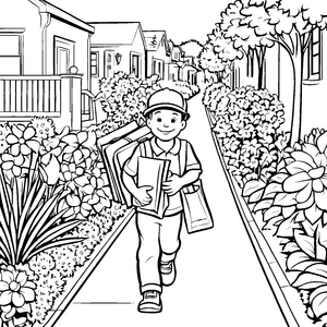 Kreativer Zeitungsausträger mit Bücherstapel auf dem Gehweg Ausmalbild für kleine Wissensabenteurer