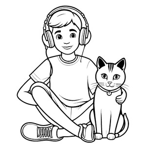Junger Mann mit Kopfhörern und süßer Katze Ausmalbild für neugierige Künstler