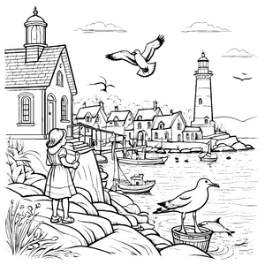 Kleines Mädchen am Strand mit Leuchtturm Ausmalbild für neugierige Kinder