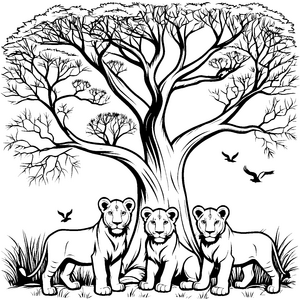 Drei fröhliche Löwenbabys unter dem Baum Ausmalmotiv für kleine Naturfreunde