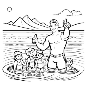 Fröhlicher Bademeister mit fröhlicher Familie im Pool Malvorlage für sprudelnde Wasserfreunde