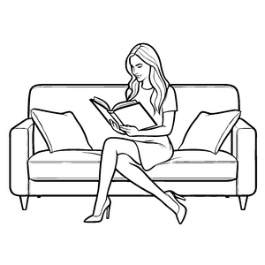 Lesende Frau mit langen Haaren auf der Couch Ausmalvorlage für neugierige Bücherfreunde