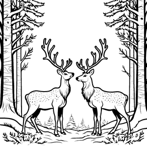 Zwei freundliche Rentiere im winterlichen Wald Ausmalvorlage für neugierige Naturentdecker