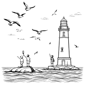 Abenteuerlicher Leuchtturm mit strahlender Laterne Ausmalmotiv für kleine Entdecker mit Fantasie