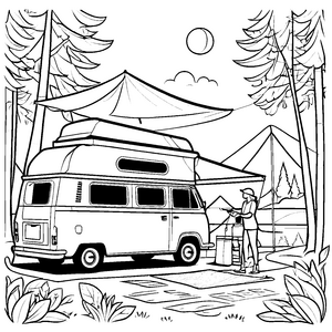 Abenteuerliches Wohnmobil im Wald mit fröhlicher Frau Ausmalvorlage für wanderlustige Abenteurer