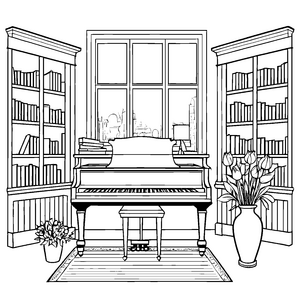 Blühendes Klavier mit zauberhaften Noten und Blumen Malvorlage für fantasievolle Musikliebhaber