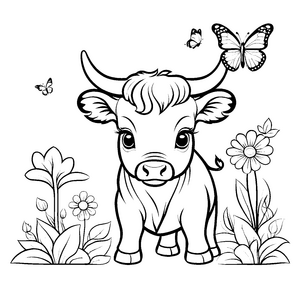 Niedliches Stierbaby zwischen bunten Blumen und Schmetterlingen Ausmalbild für kleine Kreative auf magischer Abenteuerreise