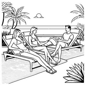 Bunte Gruppe entspannter Sonnenanbeter am Pool Ausmalmotiv für fröhliche Wasserspaß-Entdecker