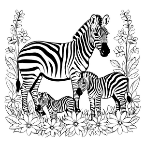 Herzliche Zebra-Familie mit zwei fröhlichen Fohlen Ausmalbild für kleine Tierentdecker