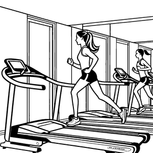 Faszinierendes Laufband mit zwei sportlichen Frauen Ausmalvorlage für motivierte Fitnessentdecker
