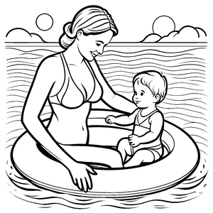 Gemütlicher Wassertag mit Mutter und Baby im Schwimmreifen Malvorlage für kleine Entdecker auf dem Wasser