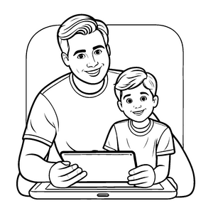 Fröhlicher Vater mit Tablet und strahlendem Sohn Ausmalbild für neugierige Familienentdecker