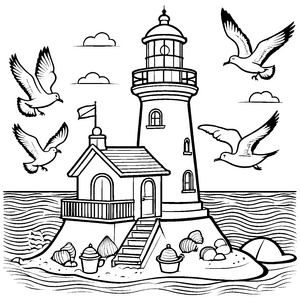 Wunderschöner Leuchtturm mit fliegenden Vögeln Malvorlage für kleine Kunstfreunde