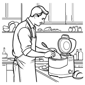 Schneidiger Koch mit Küchenmaschine in Aktion Ausmalbild für kleine Gourmetforscher