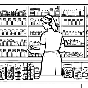 Begeisterte Apothekerin zwischen Zaubertränken Ausmalvorlage für kleine Forschungsmagier
