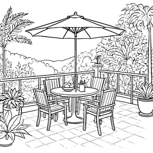 Entspanntes Outdoor-Esszimmer mit schattigem Sonnenschutz Ausmalbild für fröhliche Gartenliebhaber