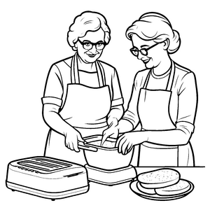 Harmonievolle Küchenelfen beim gemeinsamen Backen Ausmalmotiv für quirrlige Feinschmecker