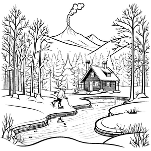 Frostiges Schlittschuhlaufen mit schneebedeckter Hütte Malvorlage für kleine Winterabenteurer