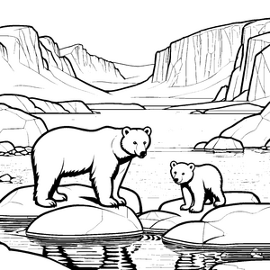 Zwischen Felsen spielende Eisbärenfamilie Ausmalbild für kleine Abenteurer mit großer Fantasie