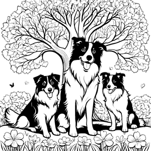 Drei prachtvolle Border Collies unter blühendem Baum Ausmalbild für abenteuerlustige Tierfreunde