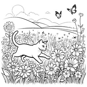 Katzensprint durch blühendes Blumenfeld mit Schmetterlingen Ausmalmotiv für fantasievolle Naturfreunde