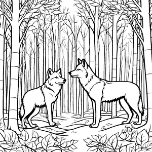 Zwei neugierige Wölfe im dichten Wald Ausmalvorlage für kleine Tierliebhaber
