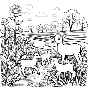 Harmonische Schaf-Familie mit drei lebhaften Lämmern Ausmalmotiv für träumerische Landschaftsgestalter