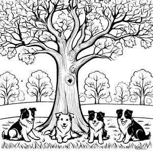 Drei gemütliche Border Collies unter schattenspendendem Baum Ausmalbild für träumerische Hundefreunde