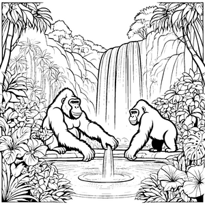 Zwei entspannte Gorillas am Wasserfall Ausmalbild für neugierige Tropenforscher