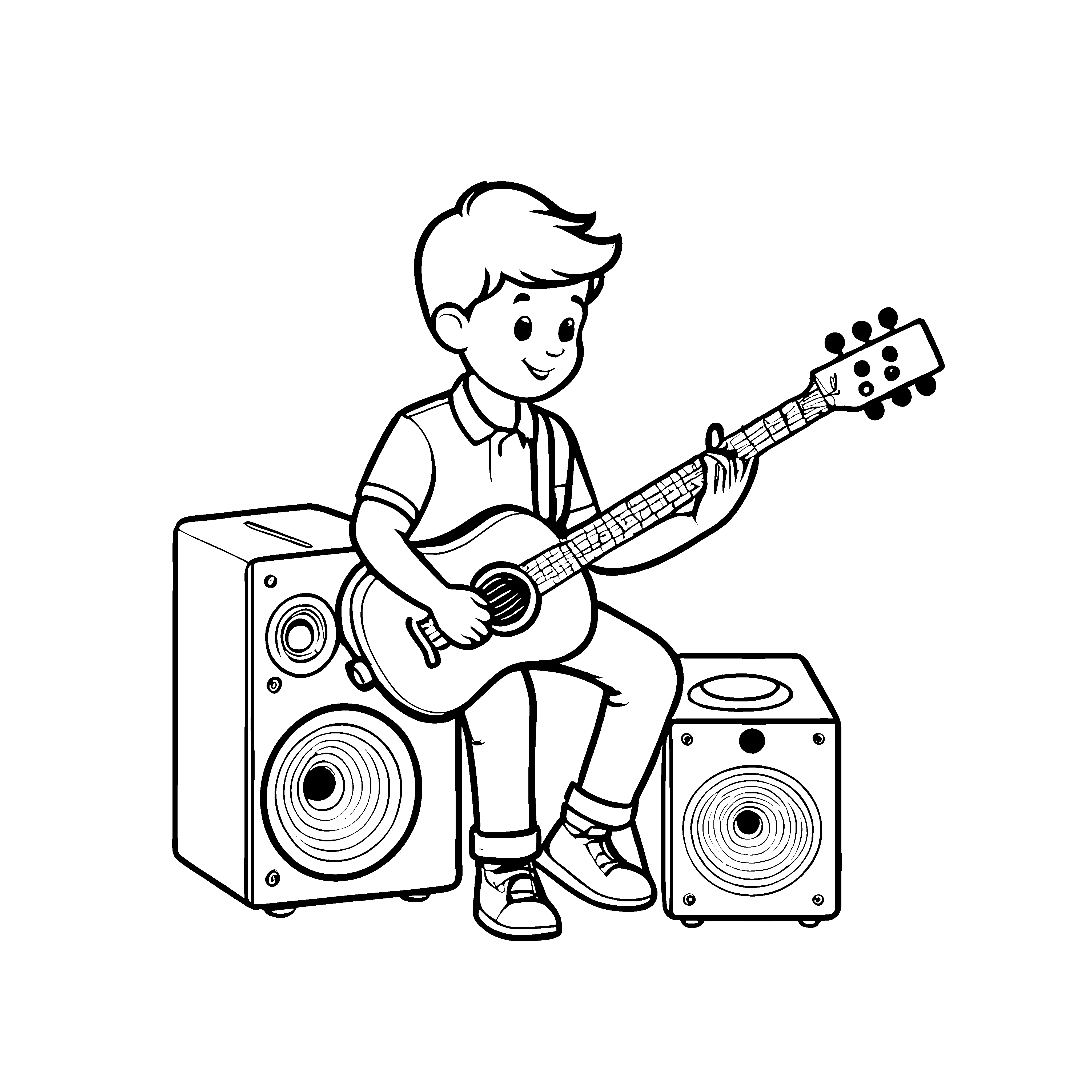Junger Gitarrist mit großen Lautsprechern Ausmalbild für musikalische Entdecker