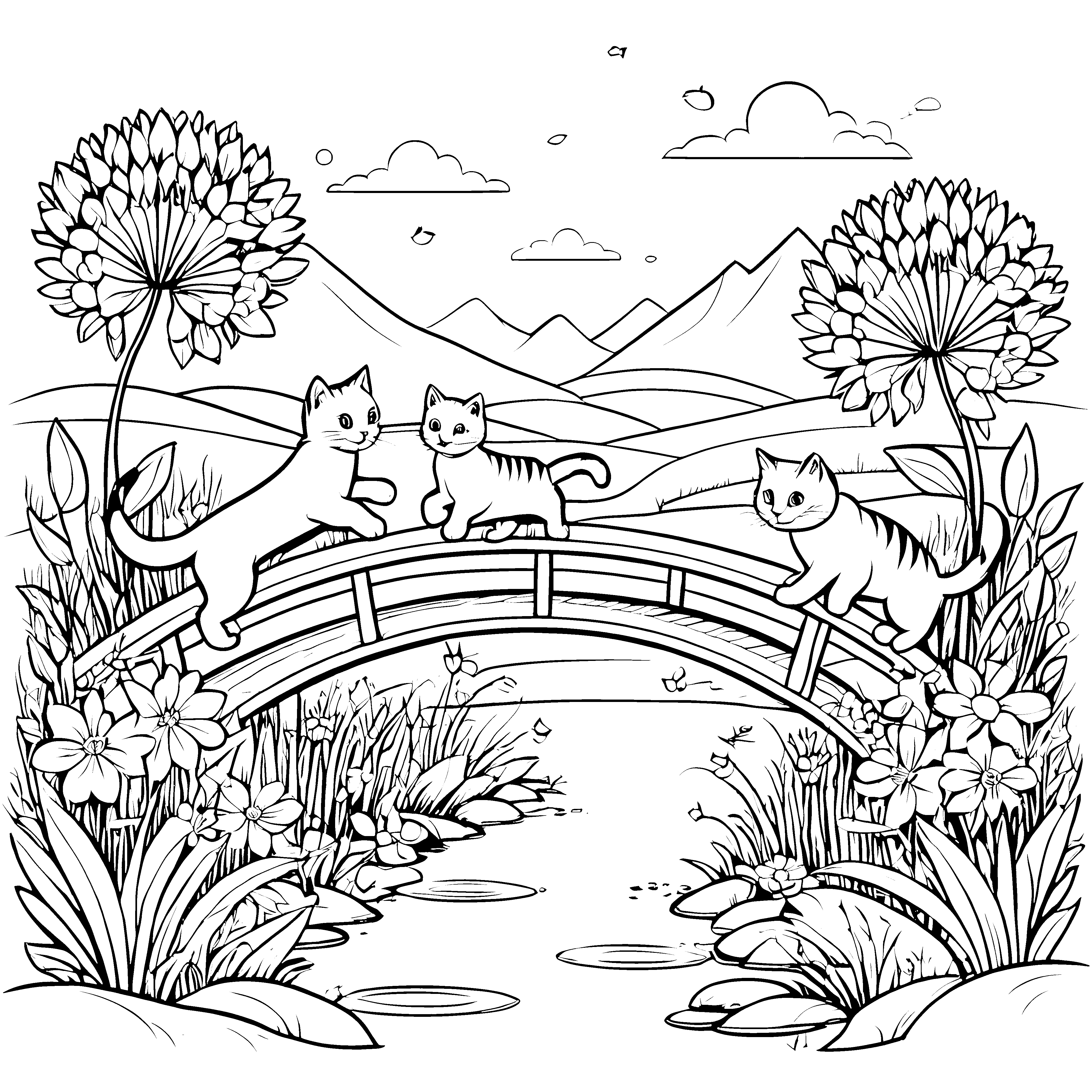 Drei mutige Katzen über eine malerische Brücke Ausmalbild für neugierige Entdecker