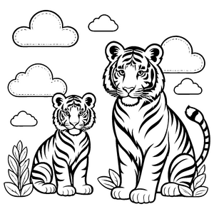 Zwei verspielte Tigerbabys in der Wolkendecke Ausmalbild für kleine Tierzauberer