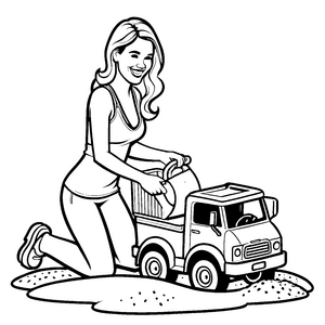 Fröhliche Frau mit Spielzeuglaster im Sand Ausmalbild für fantasievolle Sandabenteurer