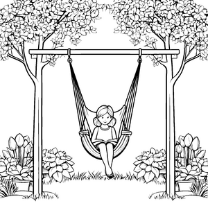 Gemütlicher Hängesessel mit träumender Leserin Ausmalbild für kleine Gartenabenteurer