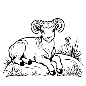 Kraftvoller Widder auf Felsen mit grünem Gras Ausmalbild für leidenschaftliche Tierkünstler