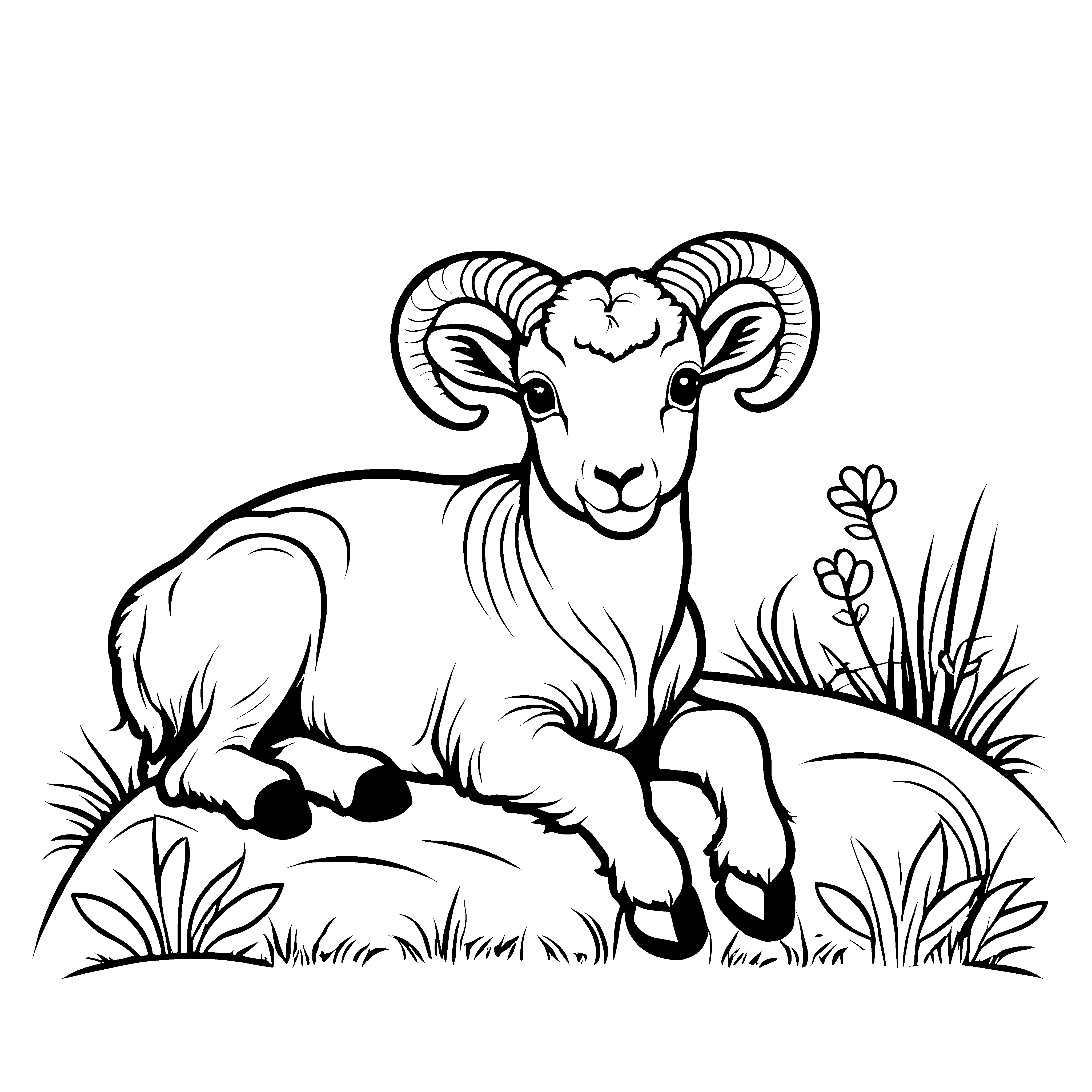 Kraftvoller Widder auf Felsen mit grünem Gras Ausmalbild für leidenschaftliche Tierkünstler