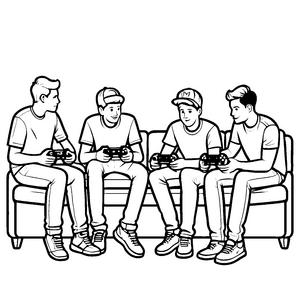 Fantasievolle Gamingrunde mit Freunden auf der Couch Ausmalmotiv für junge Unterhaltungsexperten