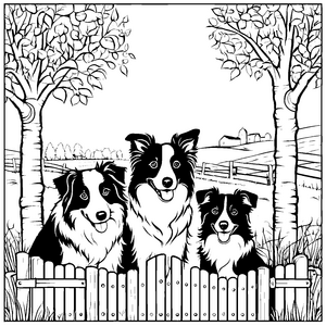 Drei charmante Border Collies hinter einem Gartenzaun Ausmalbild für kreative Hundefans