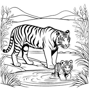 Bezaubernde Szene mit Mama-Tiger und ihren zwei süßen Babys Ausmalbild für kleine Tierforscher