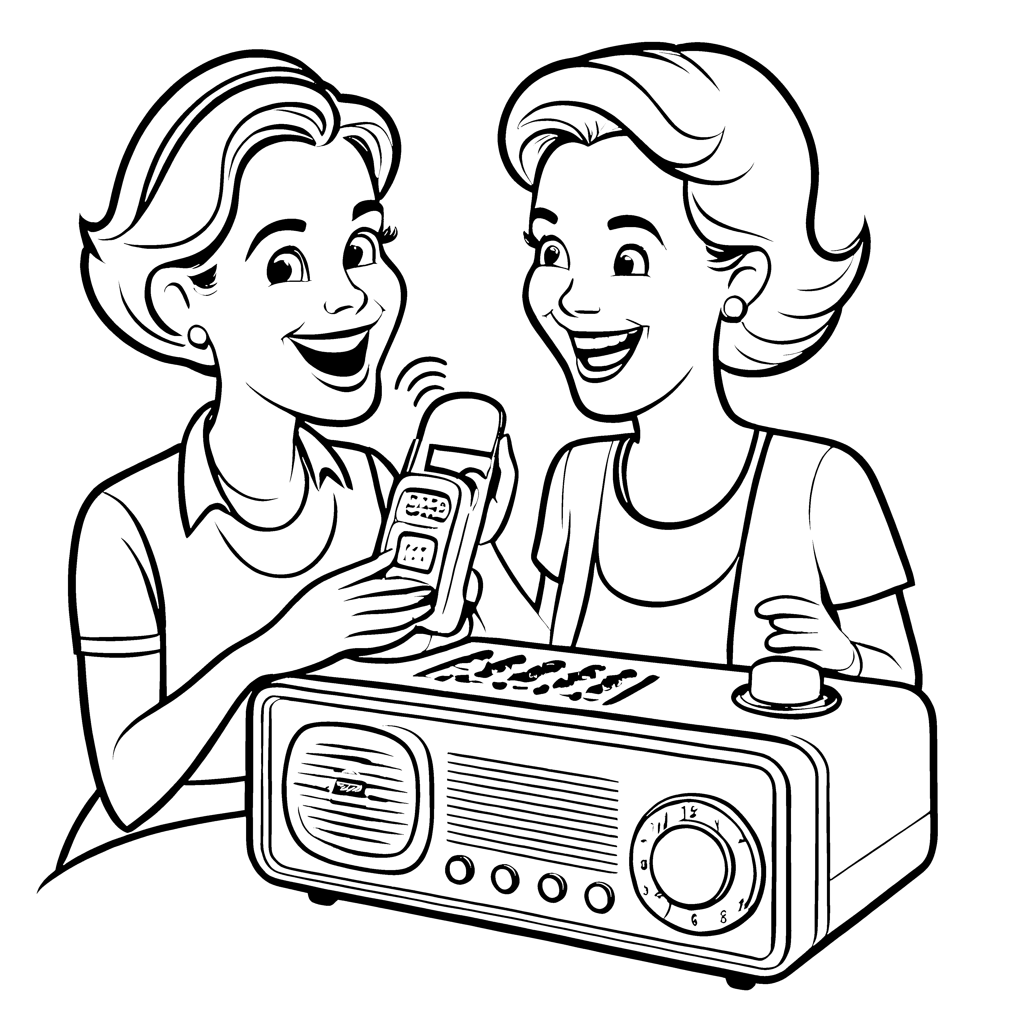 Bezaubernde Frauen mit nostalgischem Radiowecker Ausmalbild für muntere Geschichtenerzähler