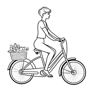 Frohe Radlerin mit frischem Obstkorb Ausmalbild für kleine Fahrradfreunde